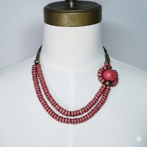 Brass & Leather 19" Artisan Beaded Necklace Pink Beaded Hook Asymmetric Floral